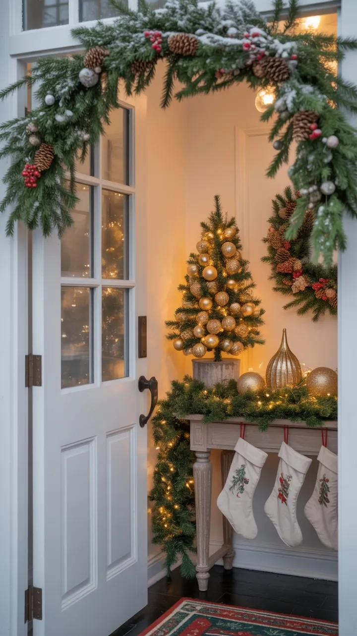 Snow-Kissed Welcome With Wreaths, Twinkling Lights, and Cozy Holiday Cheer