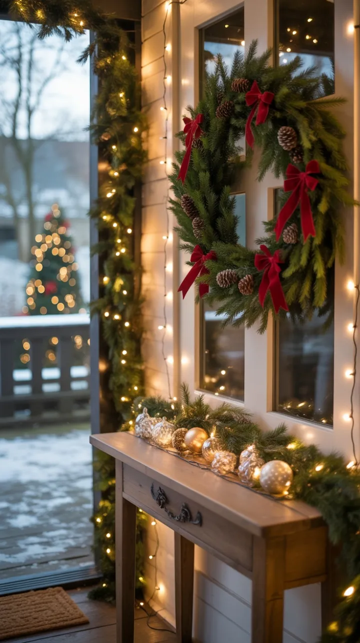 Warm Welcome with Evergreen Wreath and Twinkling Lights