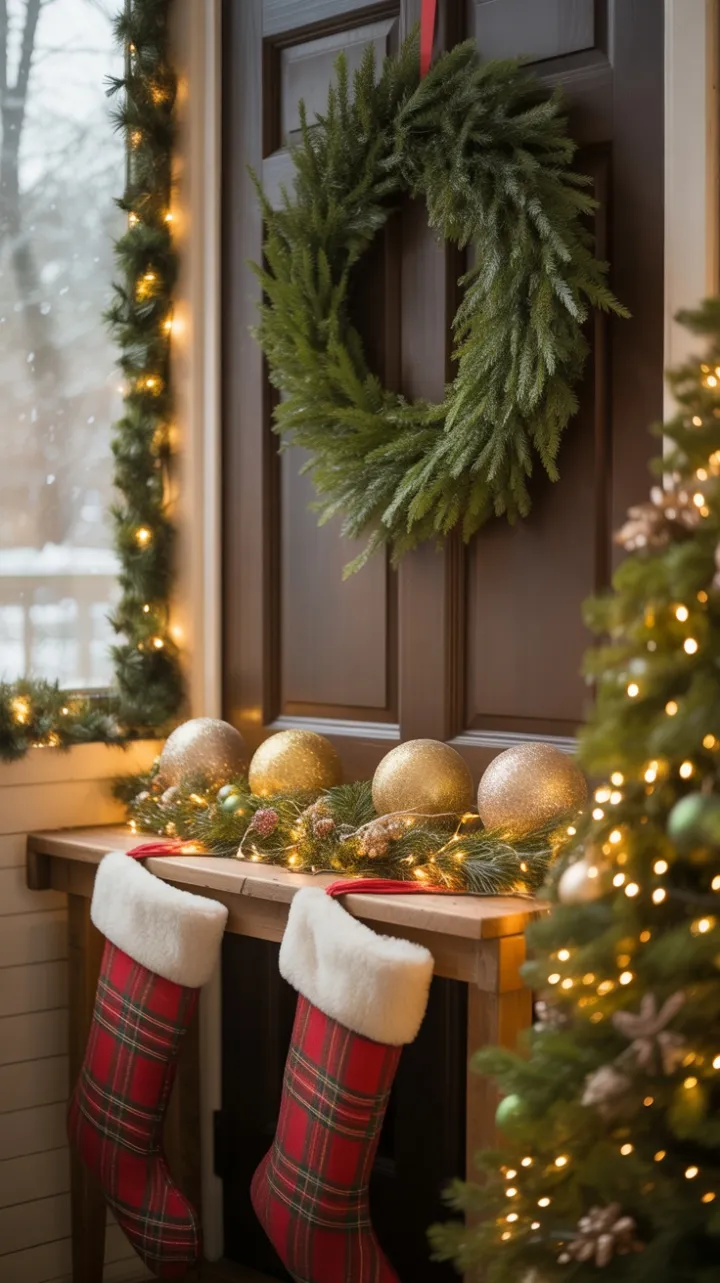 Cozy Christmas Welcome with Wreath, Garland, and Falling Snow