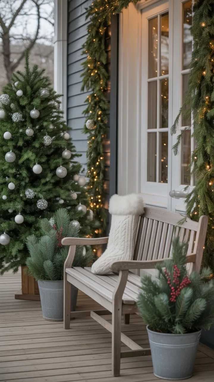 Classic White Christmas Porch Bathed in Warm Light