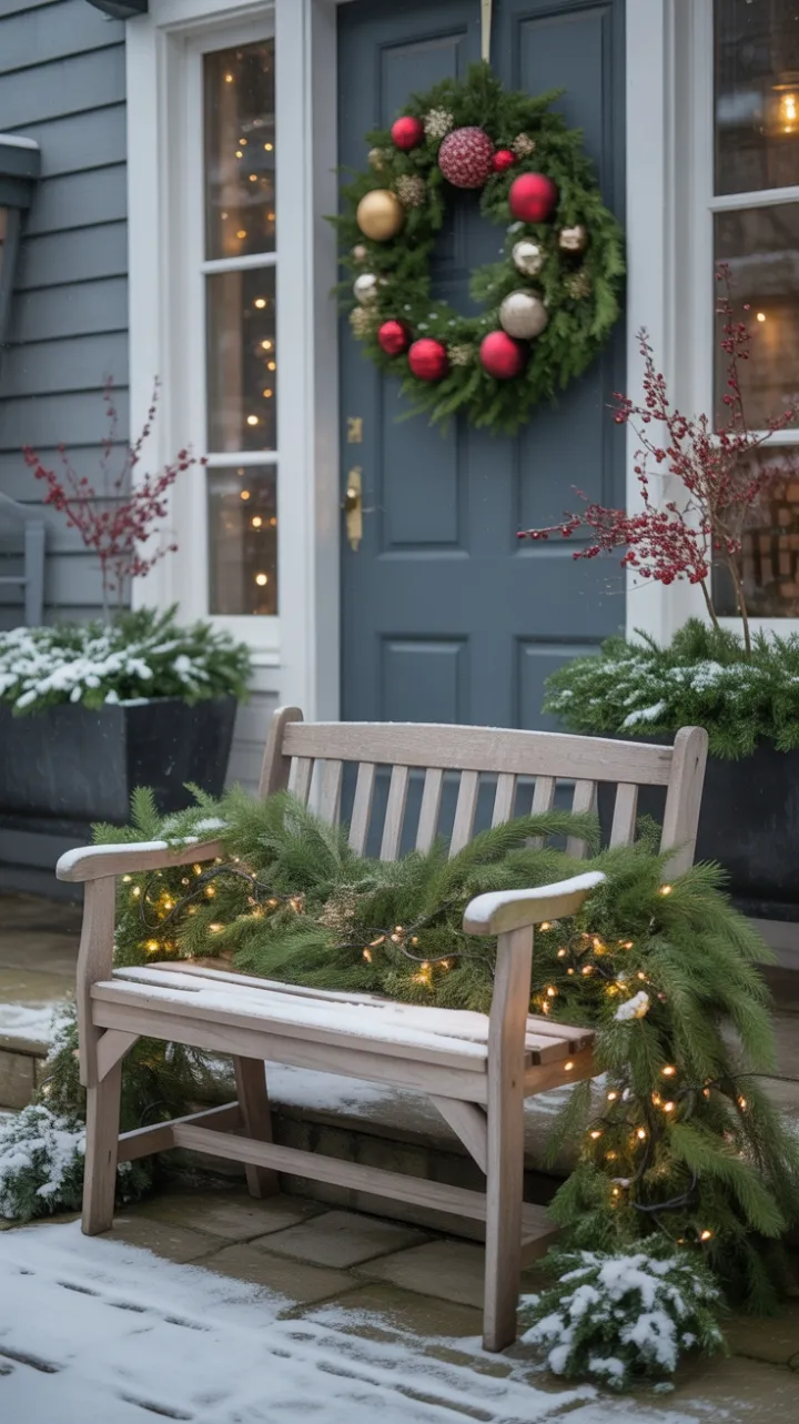Rustic Porch Dressed for a Cozy White Christmas