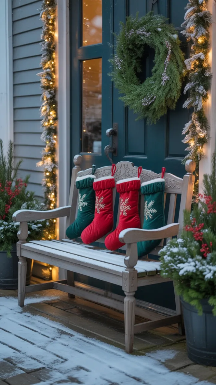 Snow-Kissed Porch Dressed in Velvet Stockings and Twinkling Lights