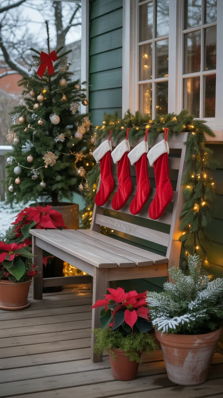 Snow-Kissed Porch Dressed in Velvet Stockings and Warm Holiday Light