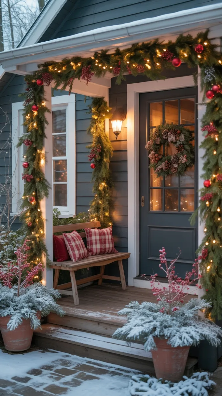 Snow-Kissed Porch with a Warm Holiday Welcome