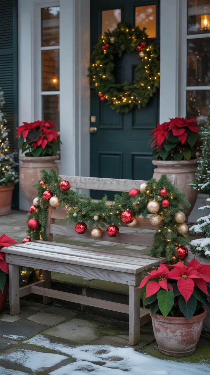 Snow-Kissed Christmas Porch with Twinkling Garland and Poinsettias