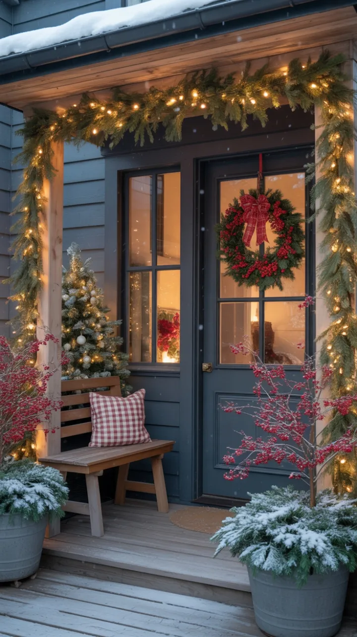 Warm Christmas Porch with Wreath, Twinkling Lights, and Winterberries