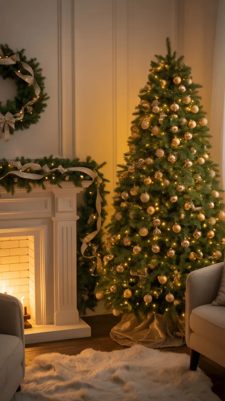 Hearthside Holiday Elegance with a Golden Christmas Tree