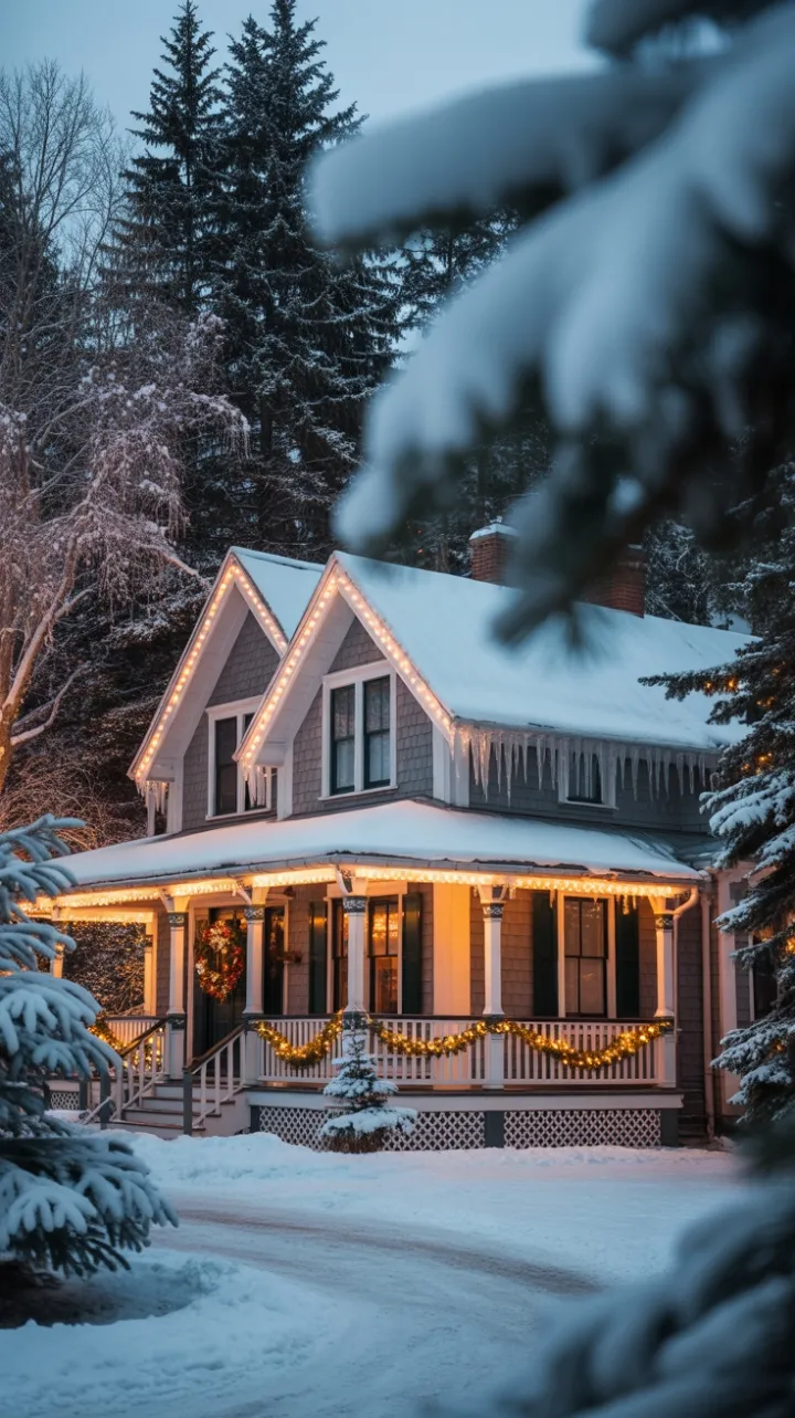 Victorian Christmas Cottage Wrapped in Warm Light and Snow