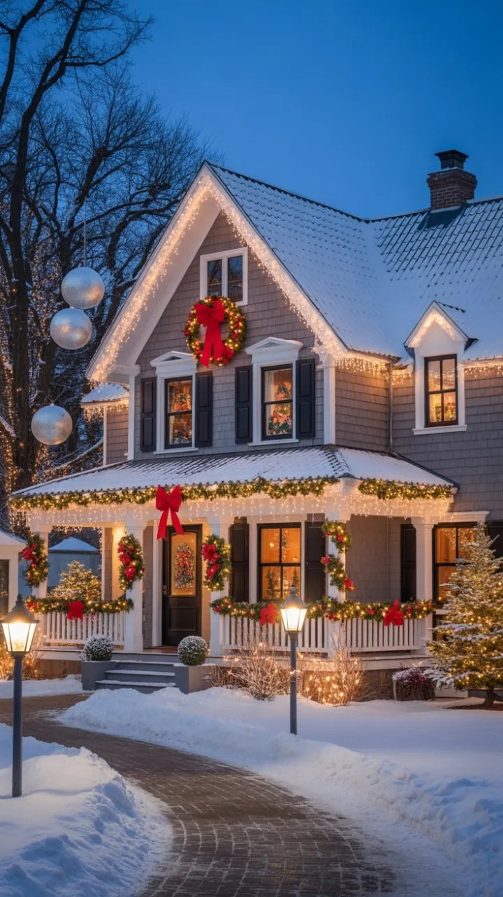 Silver-Trimmed Christmas Cottage Bathed in Twilight Glow