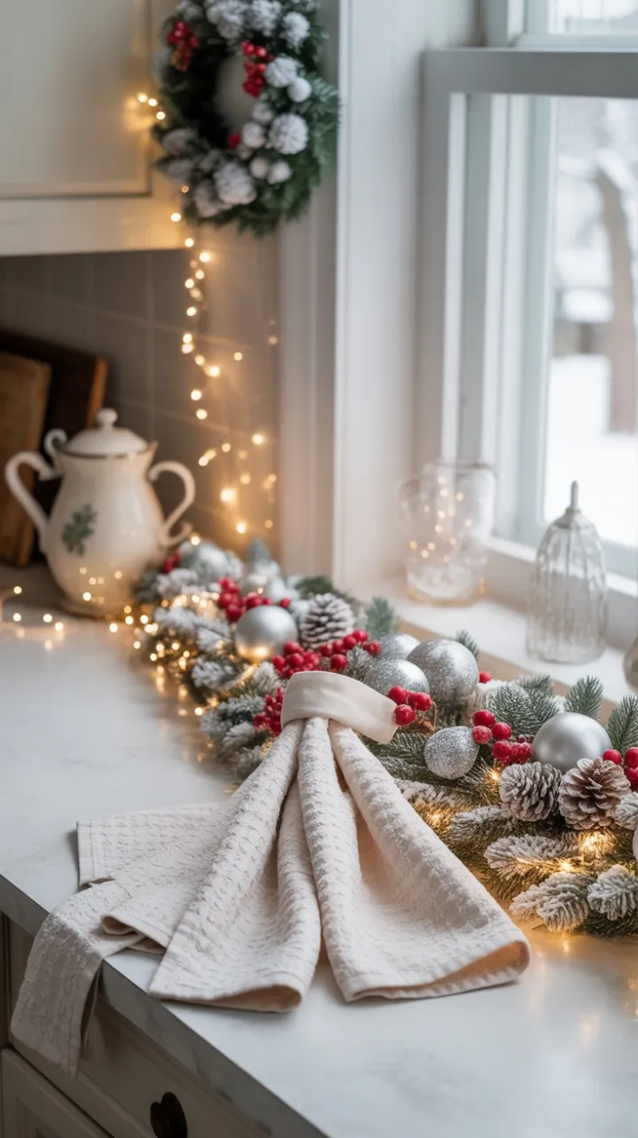 Snow-Dusted Countertop and the Warm Glow of Holiday Charm