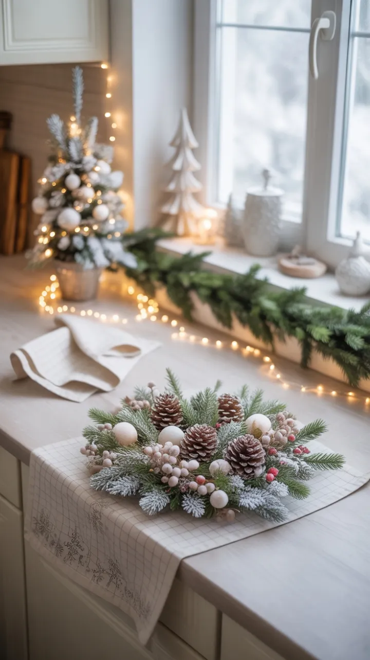 Sunlit White Christmas Kitchen with Pinecone Centerpiece and Twinkling Lights