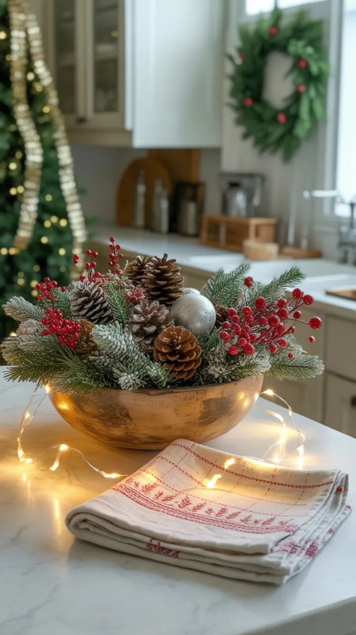 Rustic Holiday Glow with Pinecone Centerpiece and Twinkling Lights
