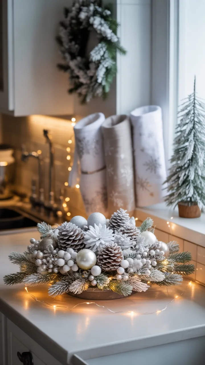 Frosted Pinecone Centerpiece and Fairy Lights in a Cozy Holiday Kitchen