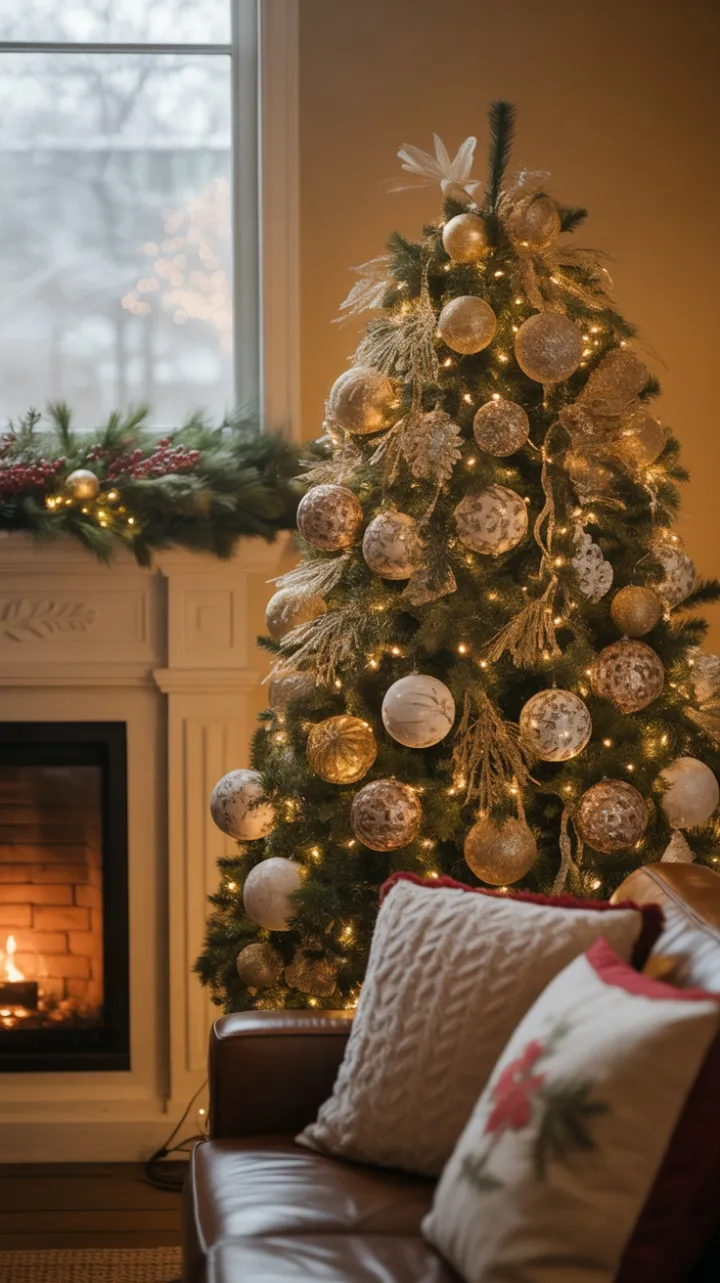 Cozy Christmas Evening with a Golden Tree and Softly Falling Snow