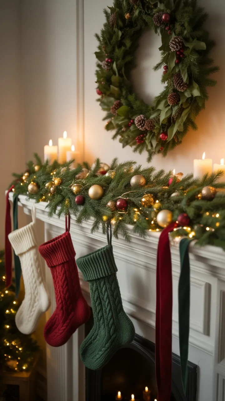 Candlelit Evergreen Mantel Adorned in Antique Gold and Velvet