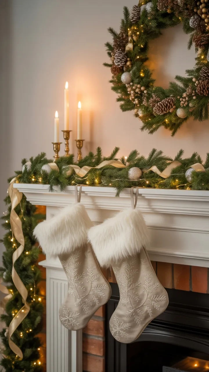 Evergreen Mantel Dressed in Gold and Candlelight