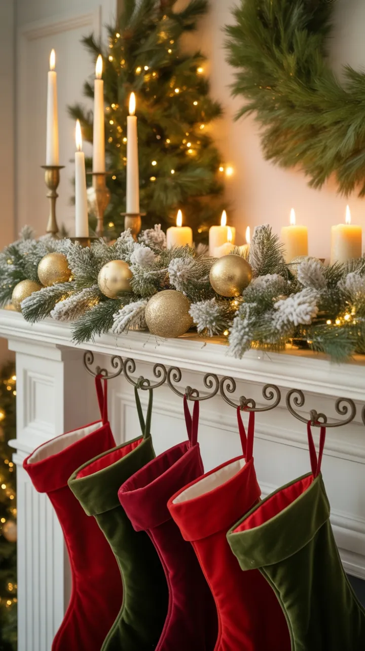 Ivory Candles and Velvet Stockings on a Snow-Dusted Mantel