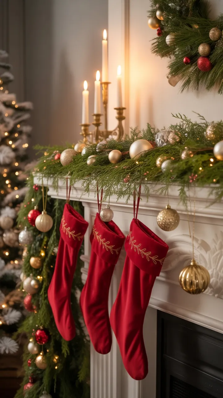 Velvet Stockings and Candlelit Cheer on a Golden Christmas Mantel