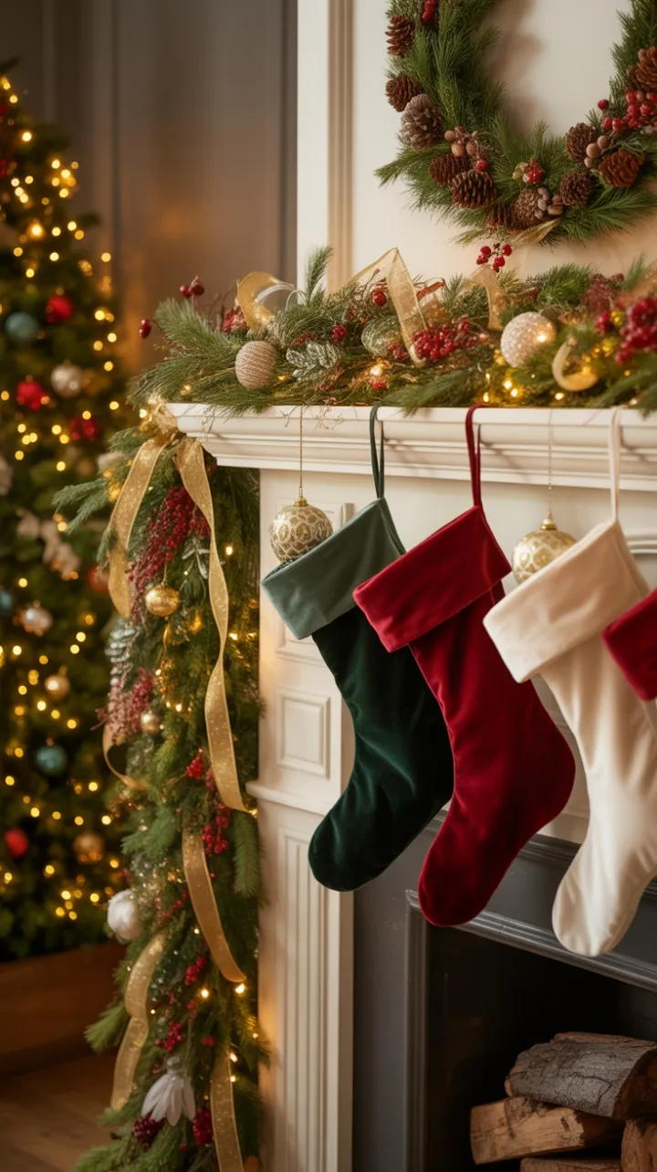 Velvet Stockings and Golden Lights on a Timeless Holiday Mantel