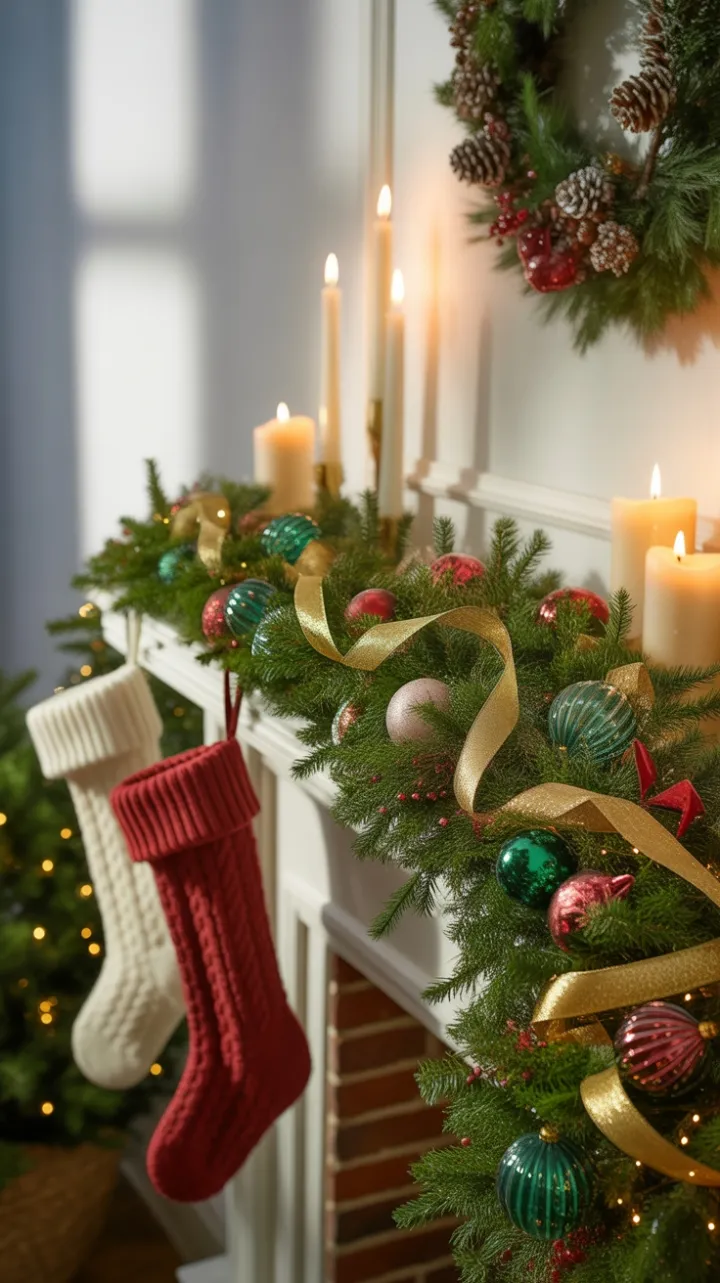 Candlelit Mantel Wreathed in Ruby and Emerald Garland