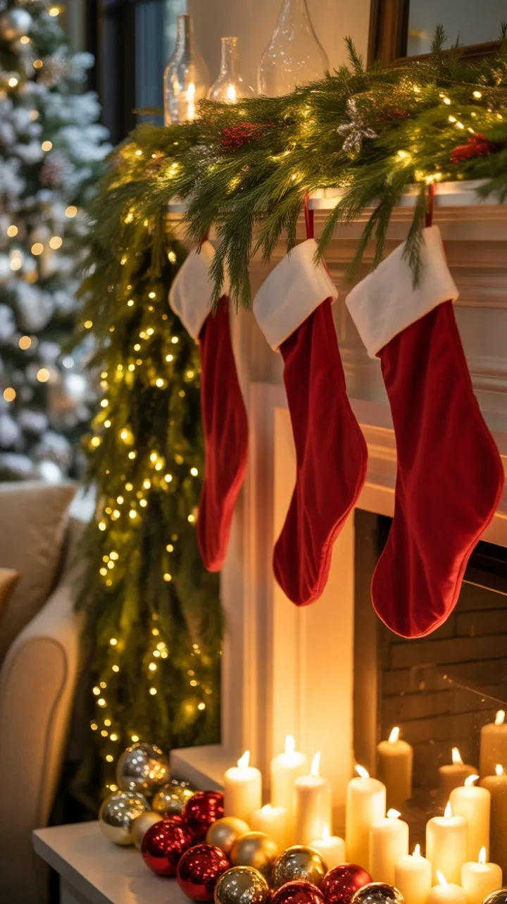 Fireside Mantel Dressed in Velvet, Pine and Twinkling Lights