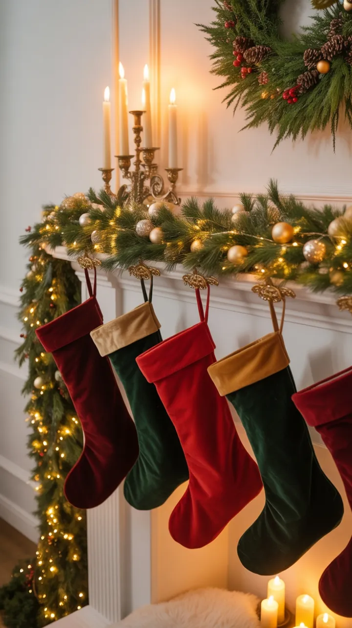 Velvet Stockings and Golden Glow on a Cozy Christmas Mantel
