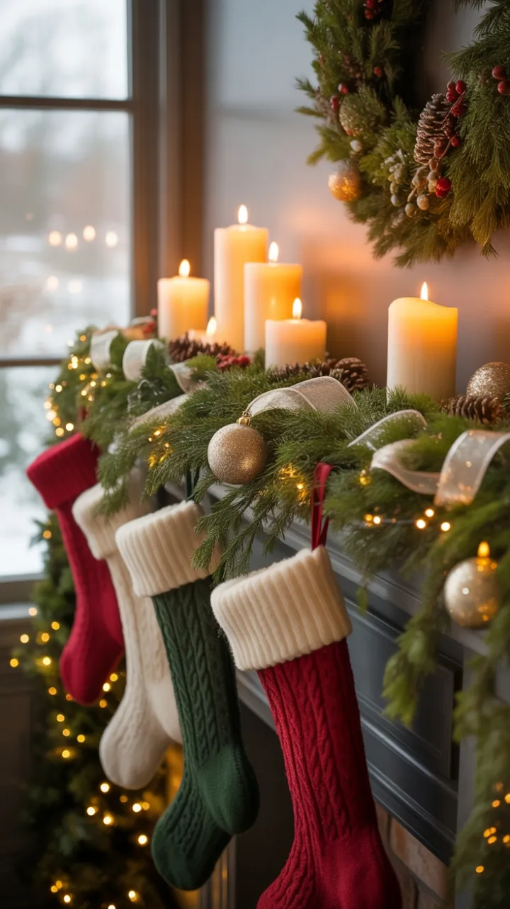 Candlelit Christmas Mantel Warm Against a Snowy Night
