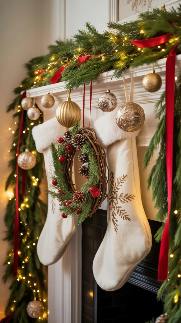 Cozy Christmas Mantel Adorned with Velvet Ribbons and Snowflake Stockings