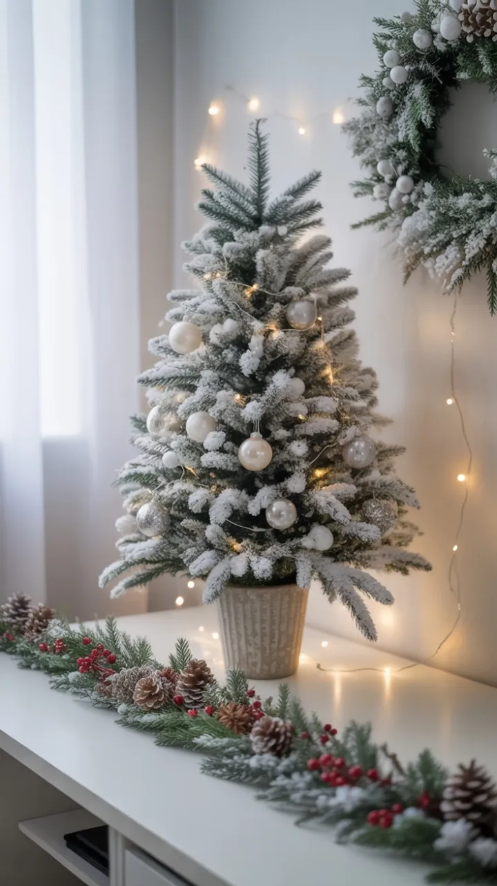 Cozy White Christmas Workspace with Twinkling Lights