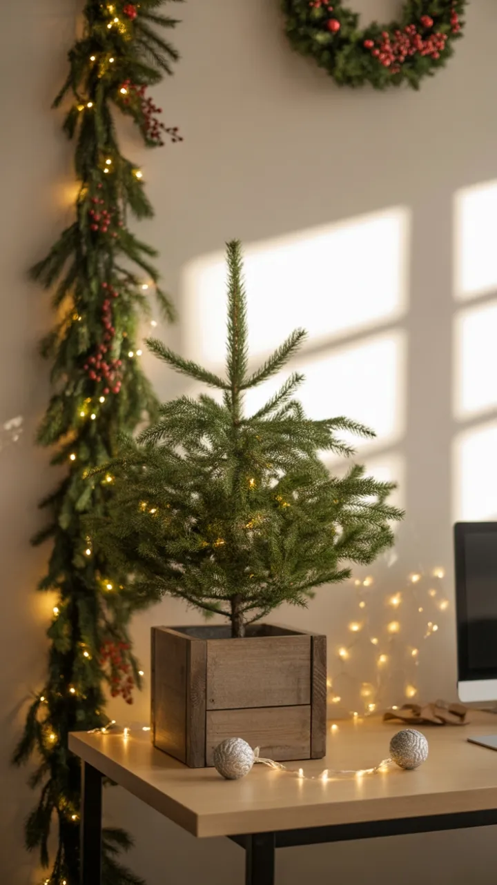 Cozy Christmas Desk with Mini Evergreen, Warm Fairy Lights, and Festive Garland
