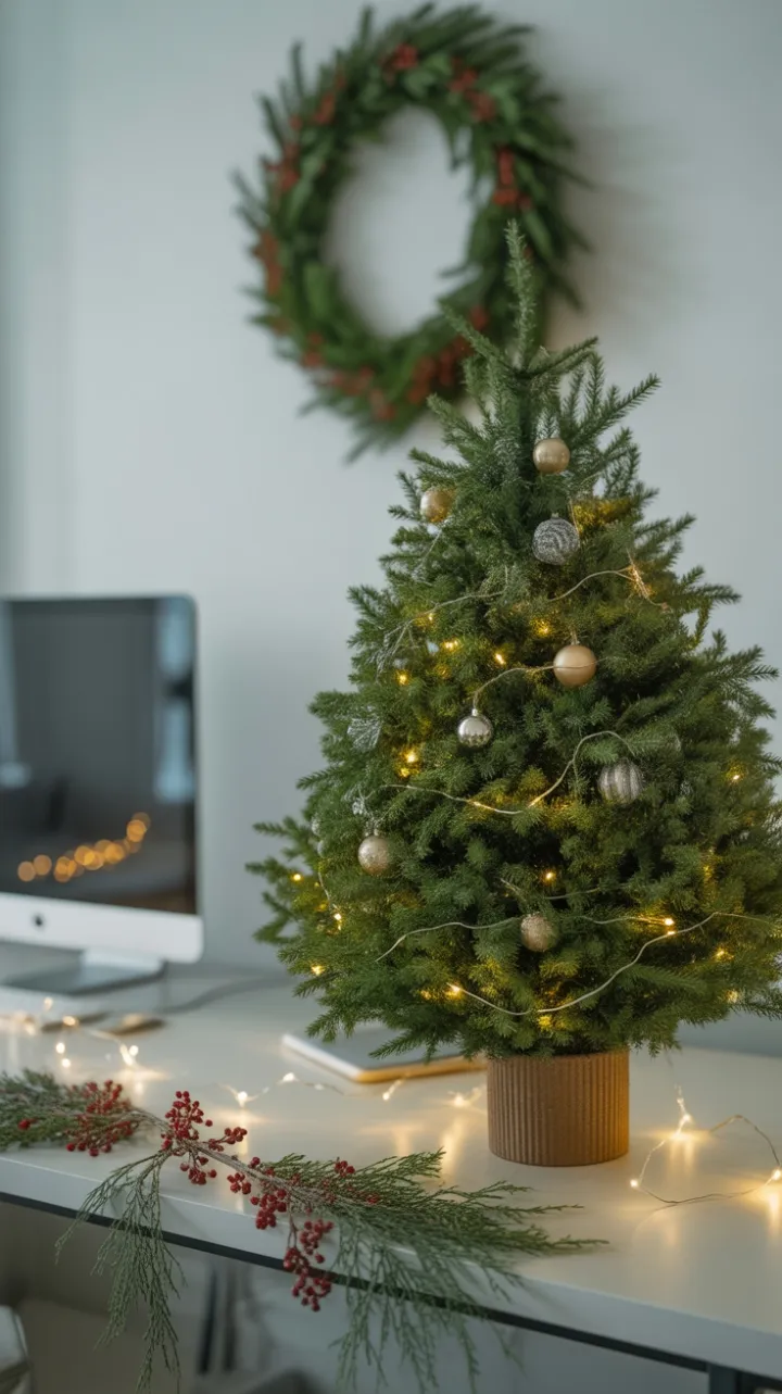 Cozy Office Holiday Desk with Miniature Evergreen and Warm Twinkle Lights