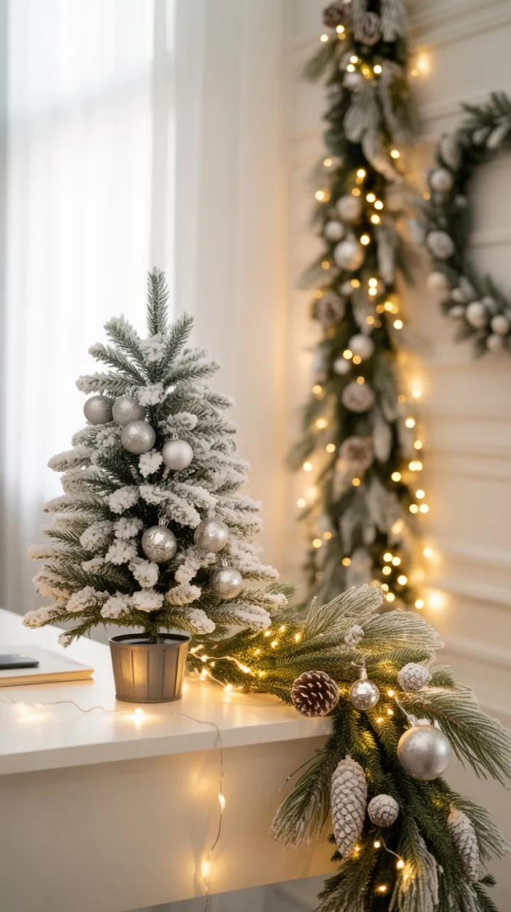 Cozy White Christmas Desk with Twinkling Lights and Frosted Pinecones