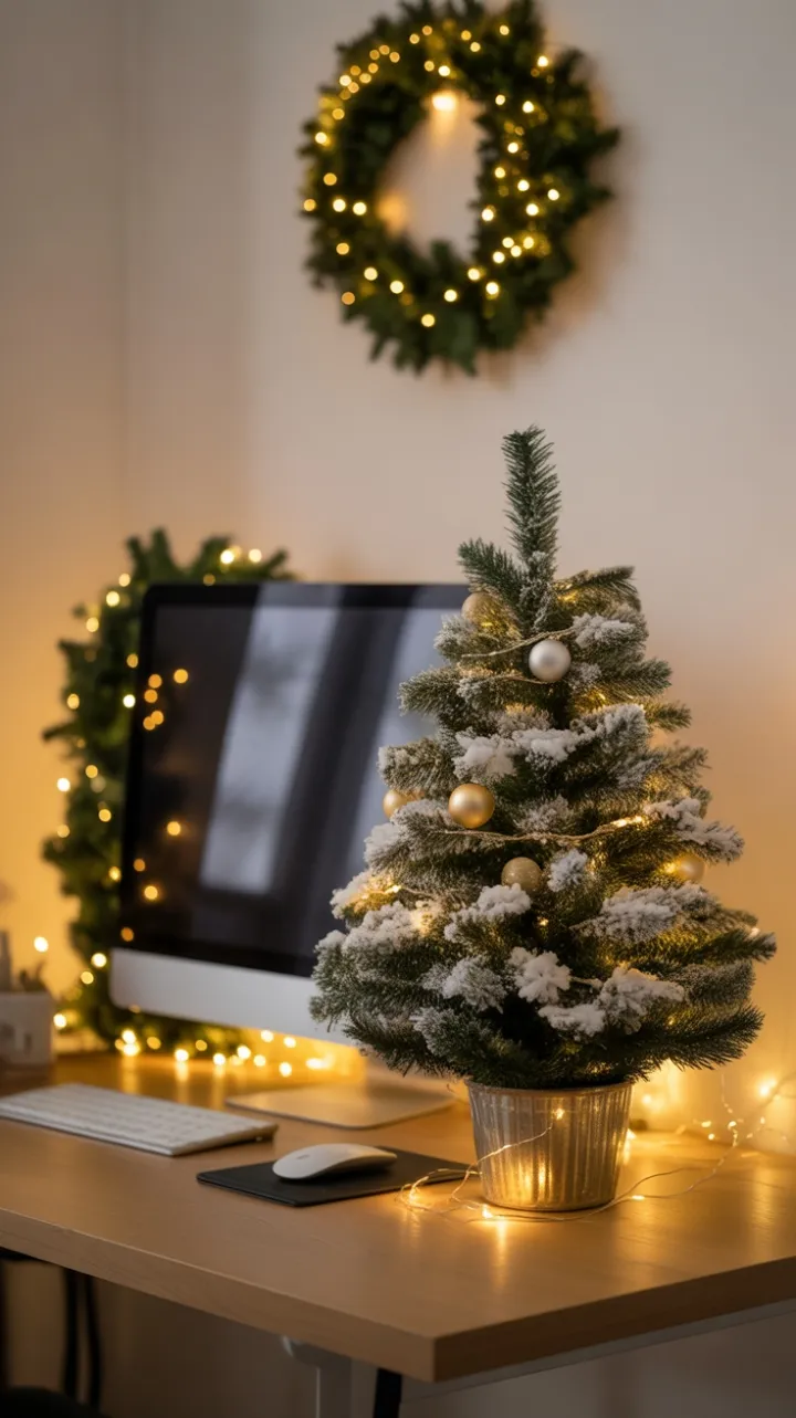 Snow-Kissed Desk with Warm Holiday Glow