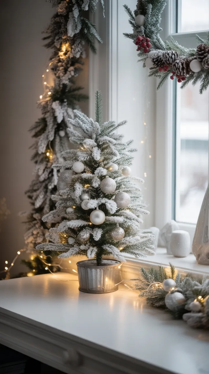 Serene White Christmas Desk with Twinkling Evergreen Lights