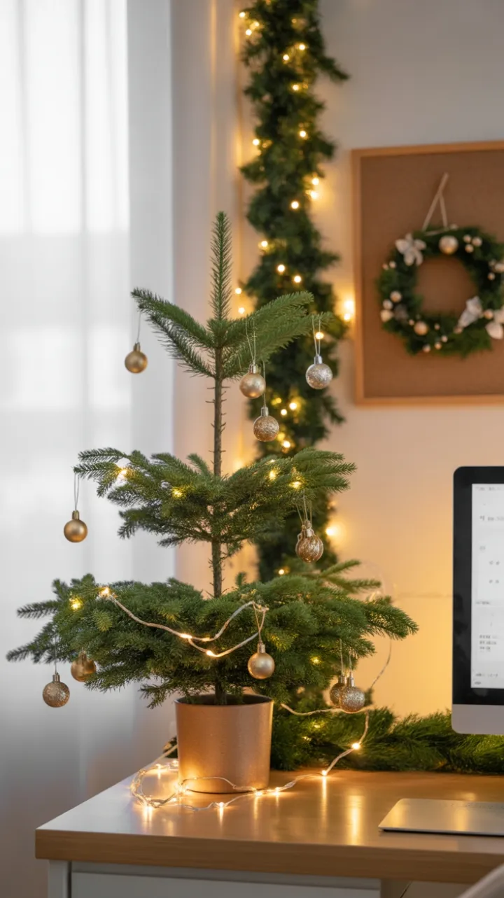Deskside Holiday Glow with Mini Evergreen and Twinkling Lights