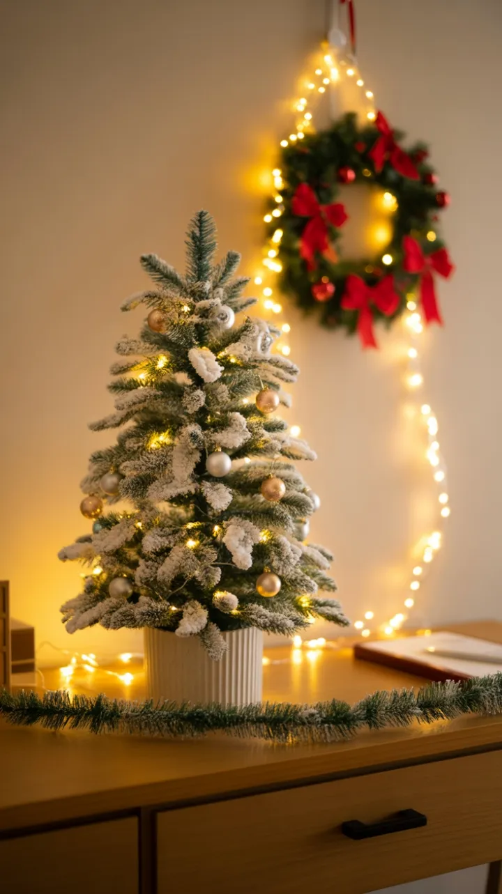 Cozy Holiday Workspace with Snow-Covered Mini Tree and Twinkling Lights