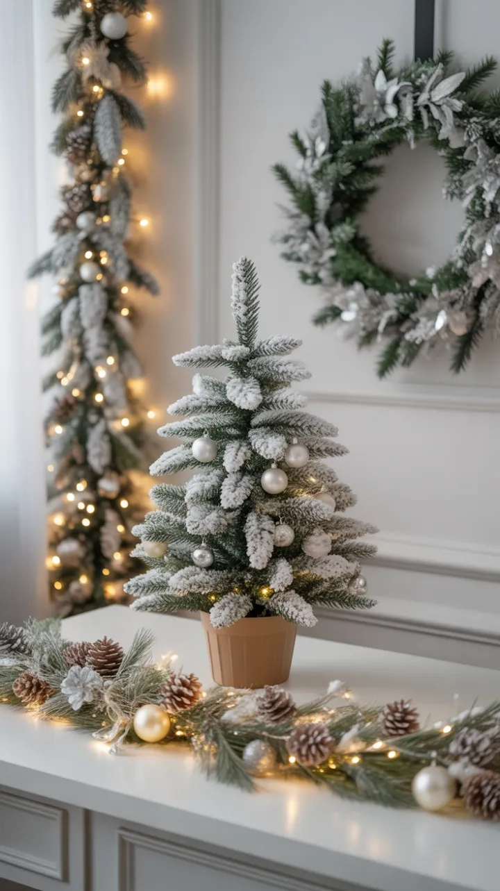 Warm White Christmas Desk with a Snow-Kissed Evergreen