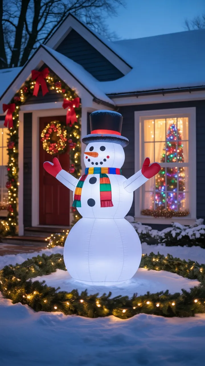 Twilight Snowman Greeting in a Cozy Holiday Wonderland