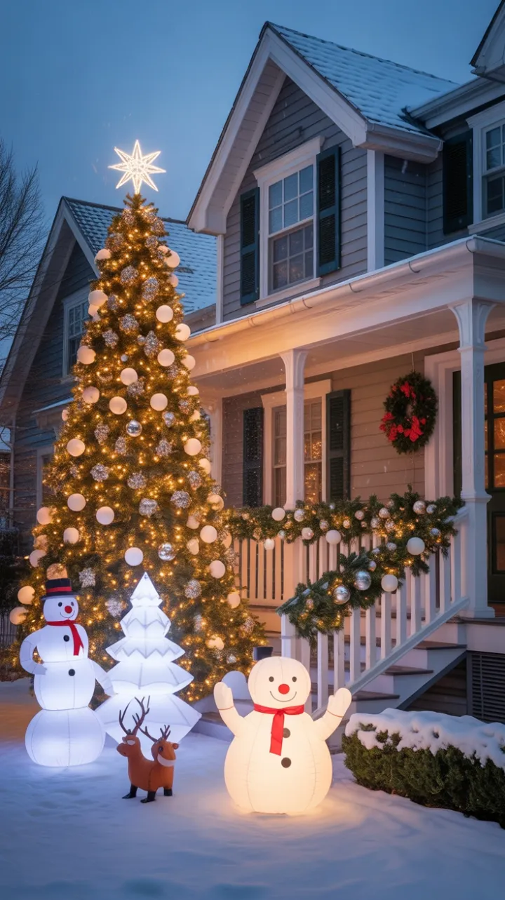White Christmas Wonderland with Warm Lights on a Snowy Suburban Home