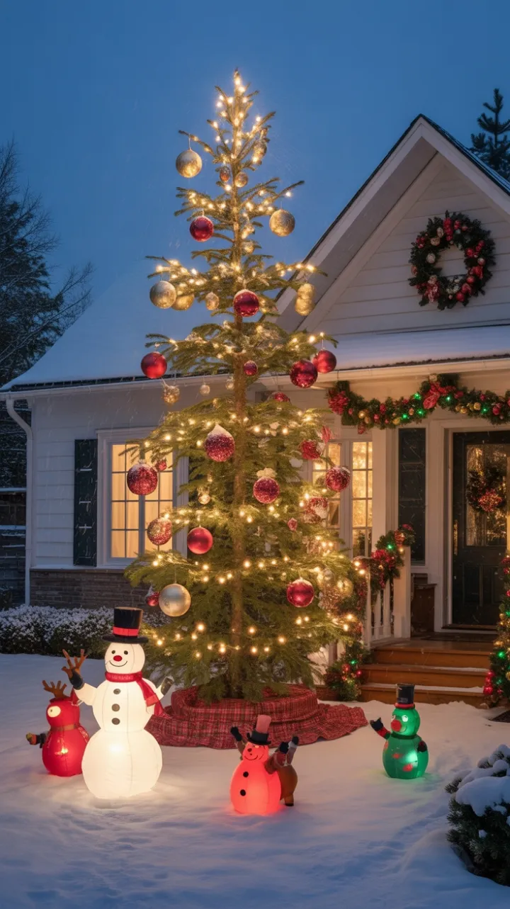 Twinkling Spruce and Warm Window Glow on a Snowy Christmas Night