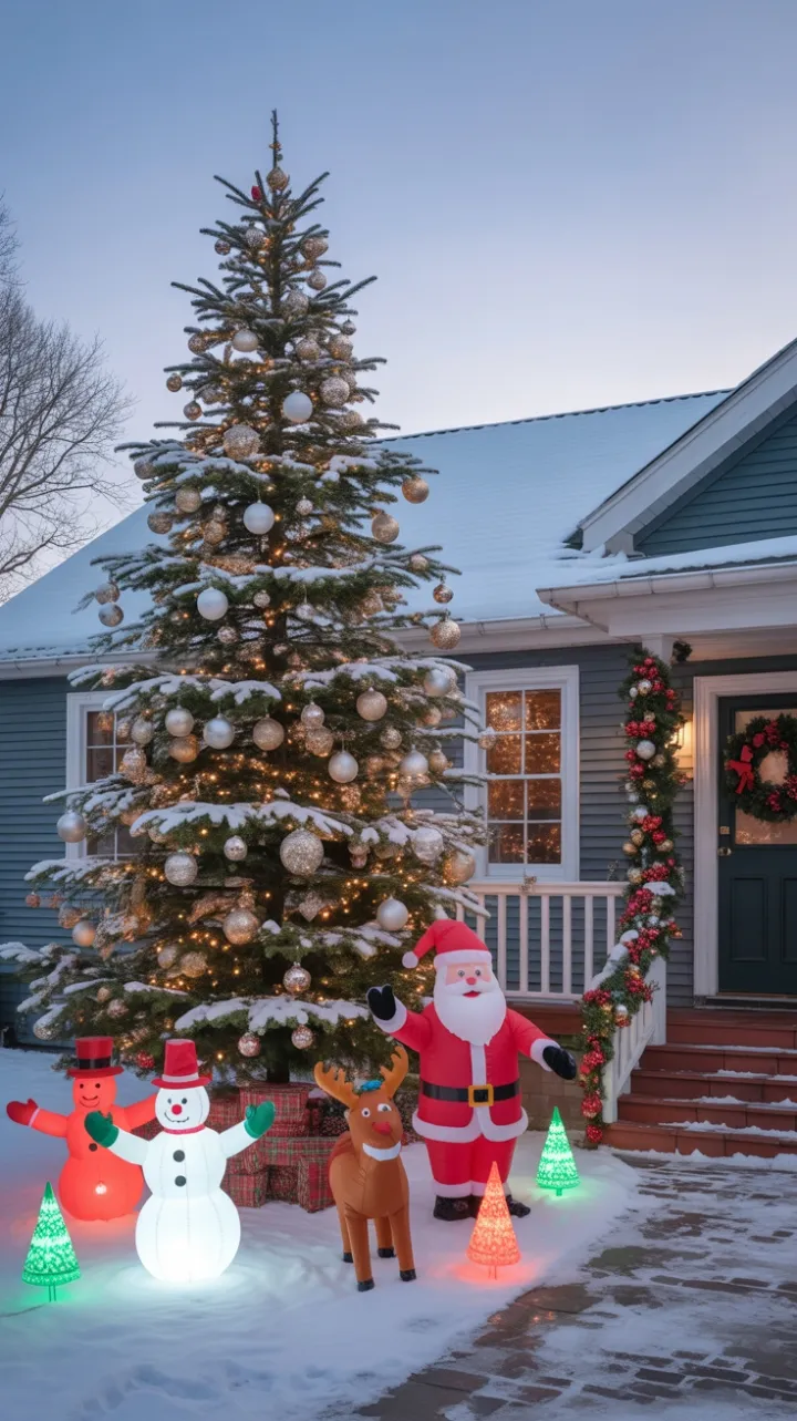 Twilight Wonderland of Silver and Gold Ornaments and Giant Santa