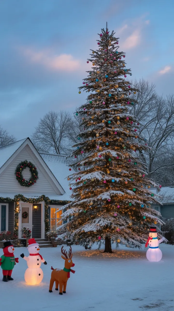 Twilight Christmas Magic in a Snow-Covered Front Yard