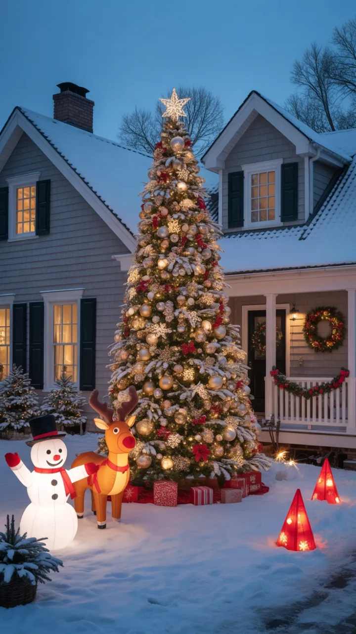 Twinkling Winter Wonderland on a Cozy Snow-Covered Front Lawn