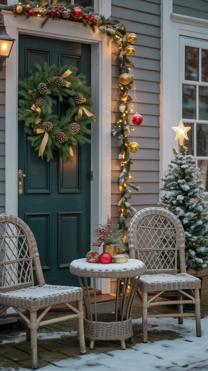 Snow-Kissed Porch Dressed in Classic Christmas Charm