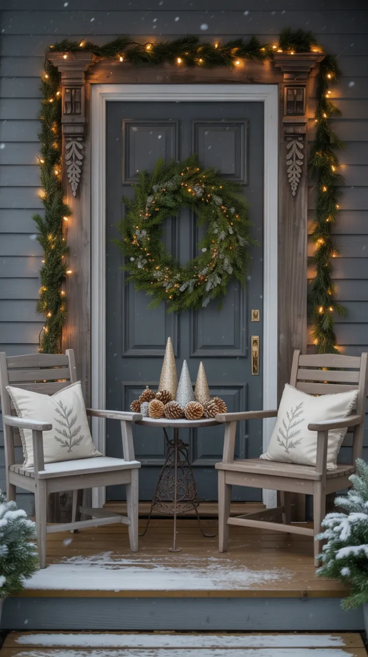 Snow-Kissed Christmas Porch Wrapped in Warm Light and Rustic Charm