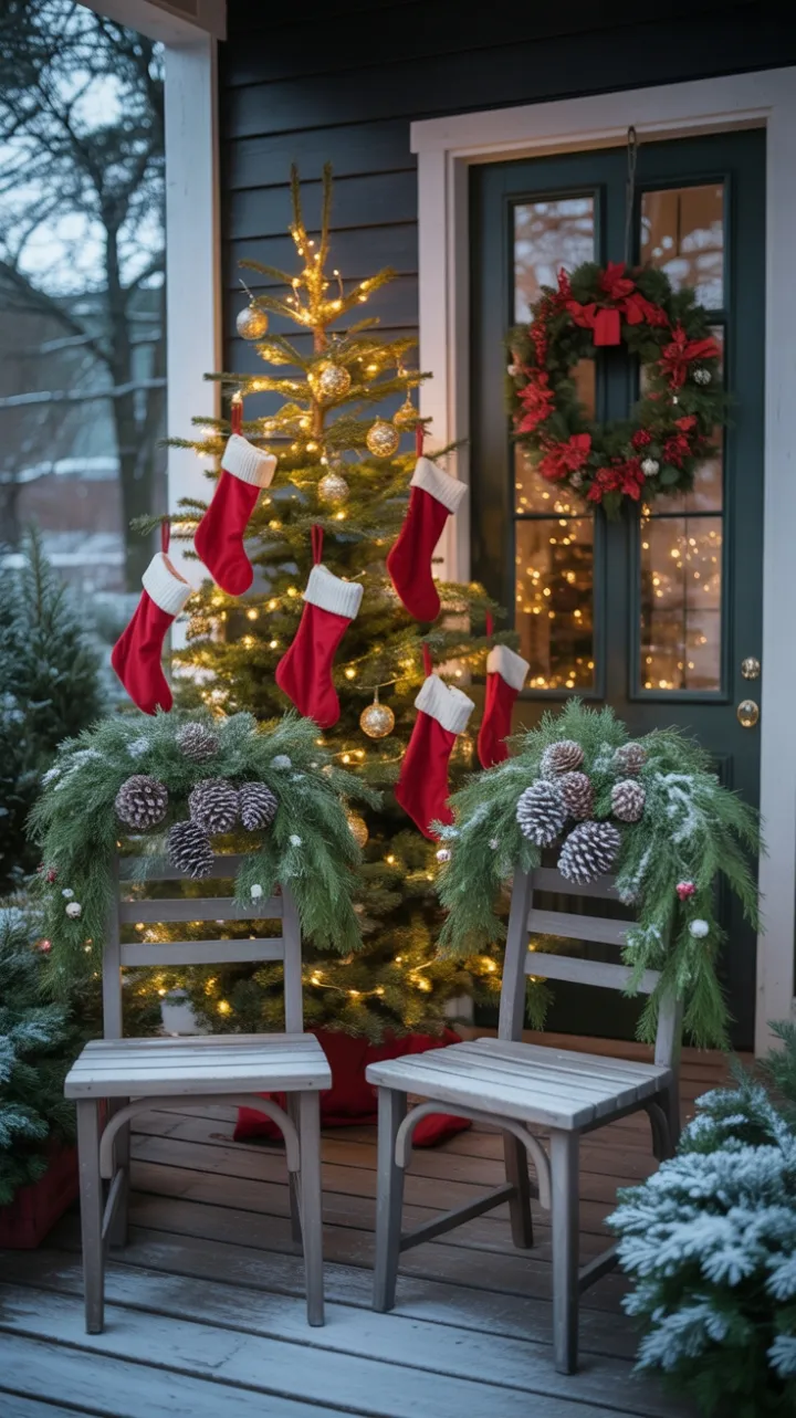 Cozy Snow-Dusted Porch with a Golden-Lit Christmas Tree