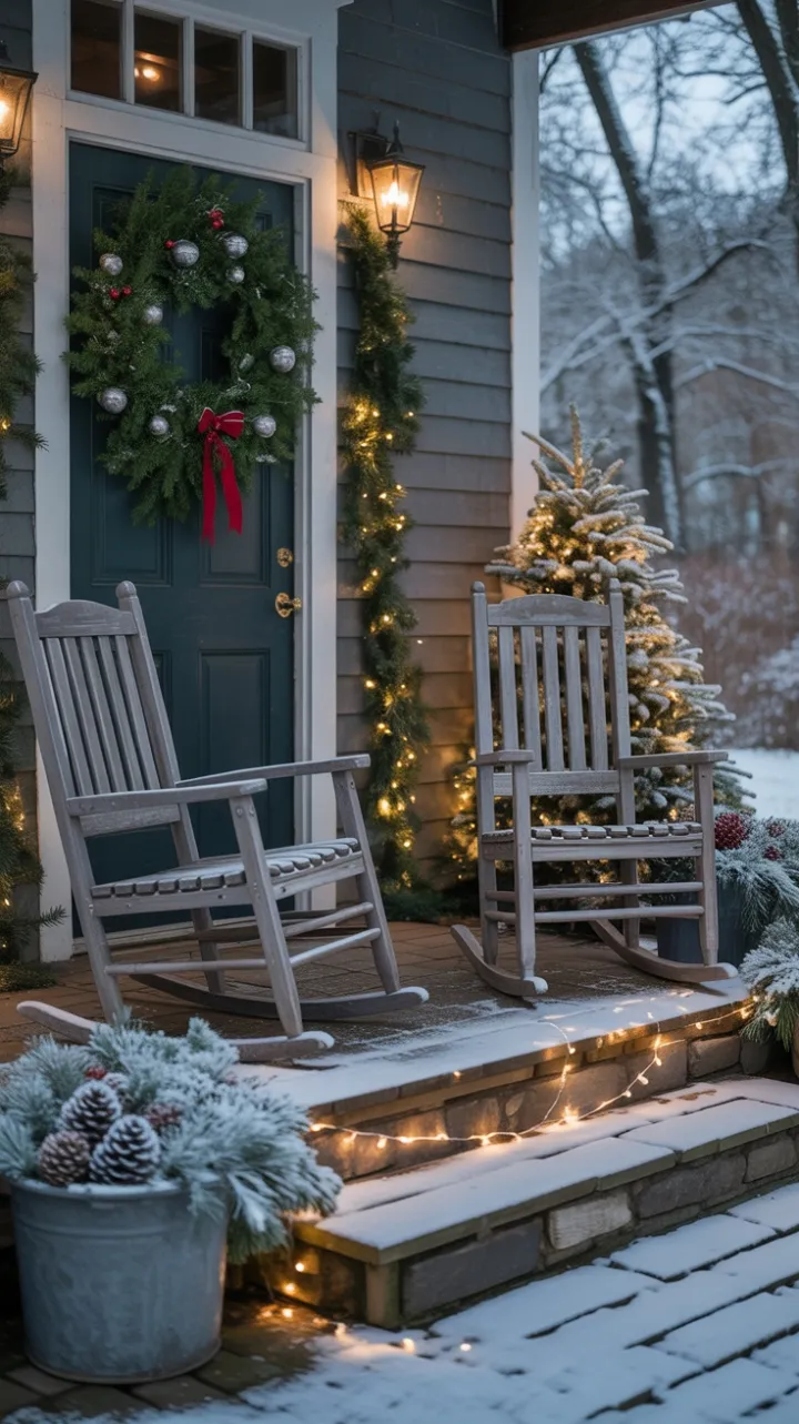 Snow-Kissed Christmas Porch with Warm Glowing Lights