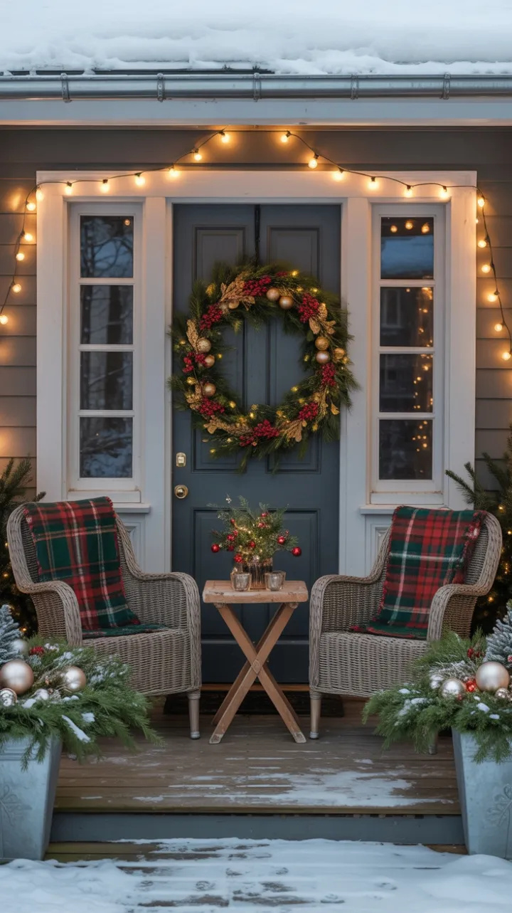 Snow-Kissed Porch with Warm Lights and a Welcoming Christmas Wreath