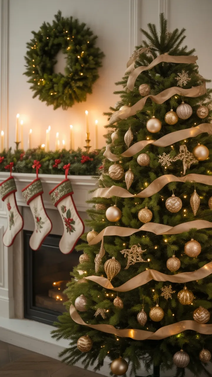 Gilded Christmas Warmth in a Cozy Living Room