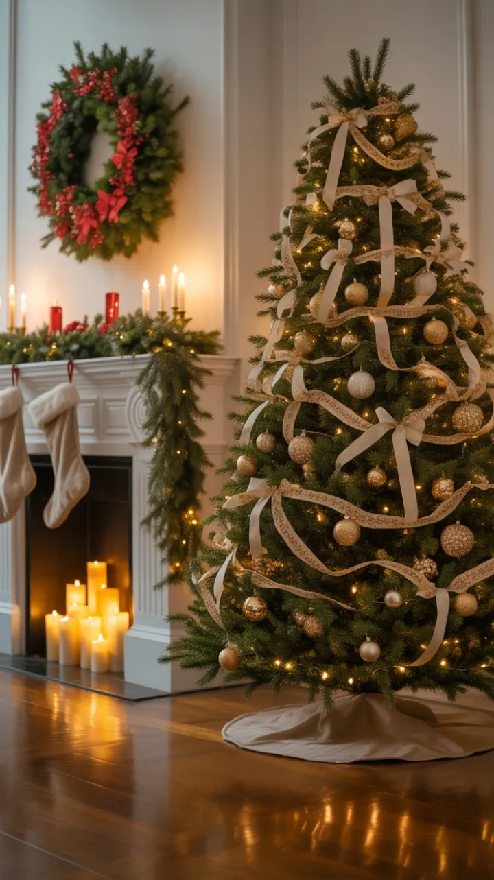 Golden Christmas Hearth with Velvet Stockings and Twinkling Lights
